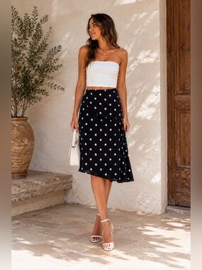 Polka Dot Midi Skirt - Black with White Dots